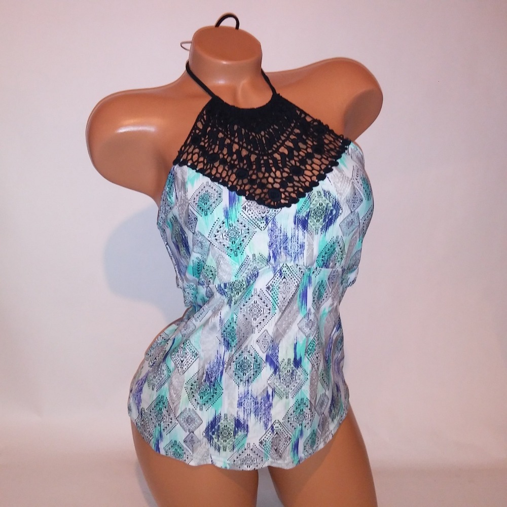 Ambrielle Swim Tankini Top Tank Medium Blue Black Geo Crochet Hight Neck Padded